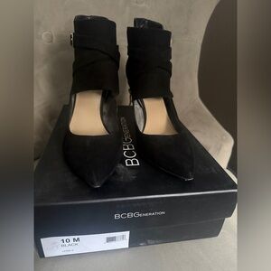 BCBGeneration Black Pointed Toe Ankle Strap Heels - Suede Finish